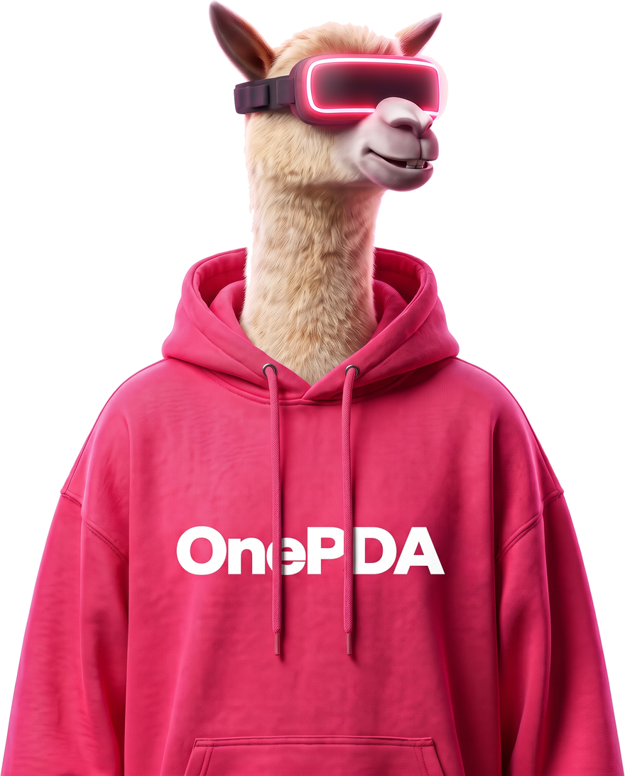 Neo, the OnePDA llama, in a pink OnePDA hoodie
